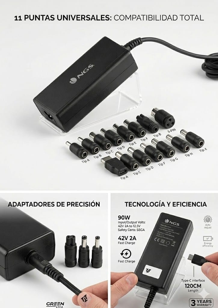 Cargador Universal para Portátil NGS BAN 90W – 11 Puntas Intercambiables, Voltaje Ajustable y 3 Años de Garantía - Imagen 2