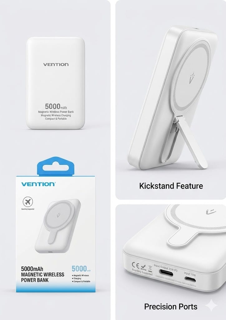 Power Bank Magnética Inalámbrica Vention 5000mAh – Compacta y Portátil con Soporte de Abordaje (Apta para Aviones)