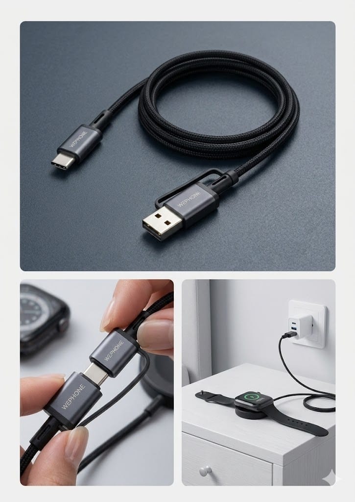 Cargador Magnético para Apple Watch WEPHONE WA16 – 2.5W, Doble Entrada USB-A/Tipo-C y Cable Trenzado de 1.2m